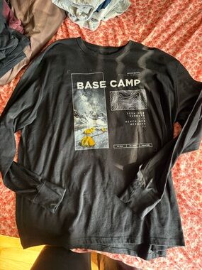 Old Navy Black 'Base Camp' Long Sleeve Graphic Tee with Yellow Accent